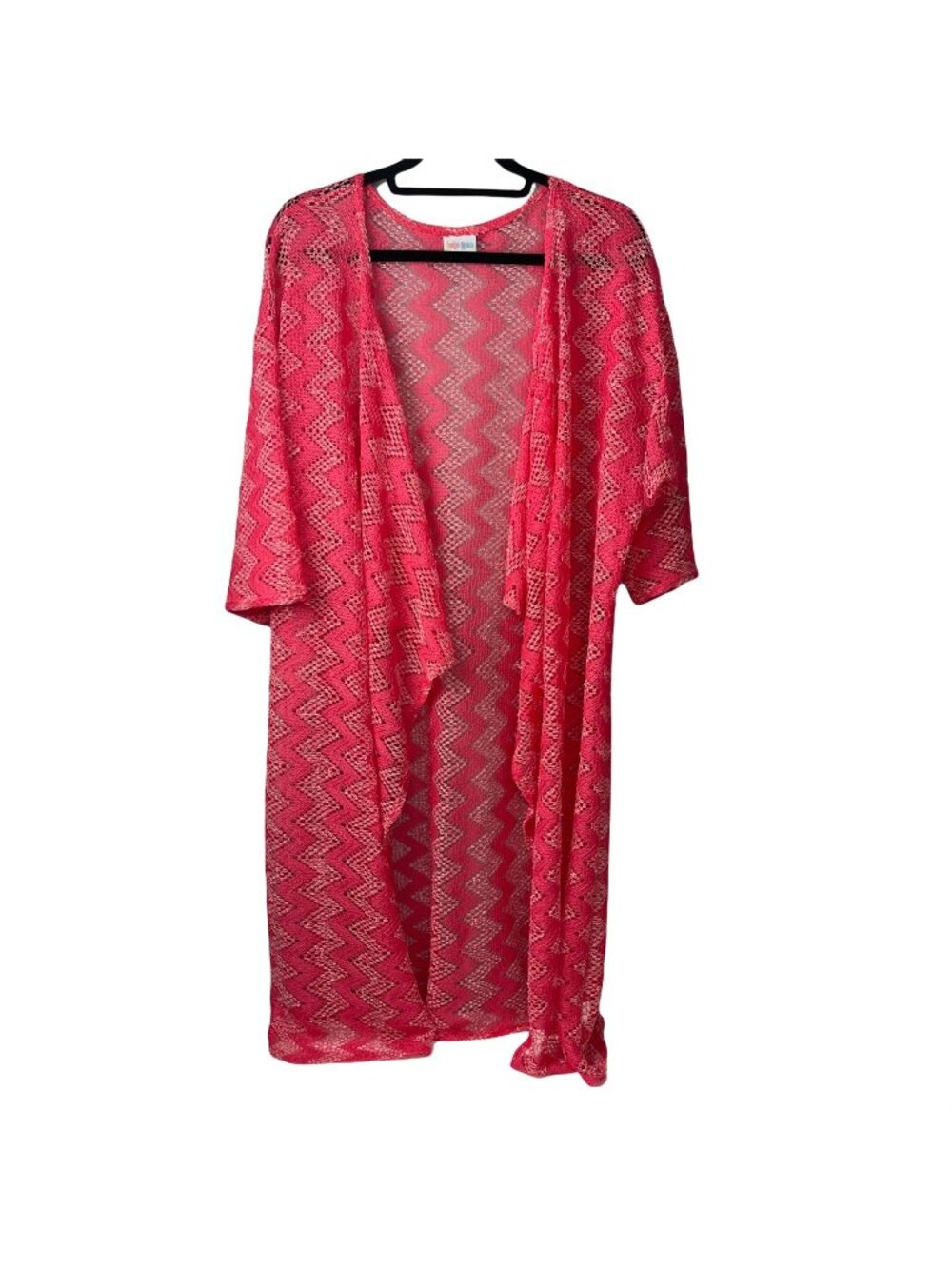 LuLaRoe Kimono Cardigan Bright Pink Chevron Open Front Size Large Lightweight